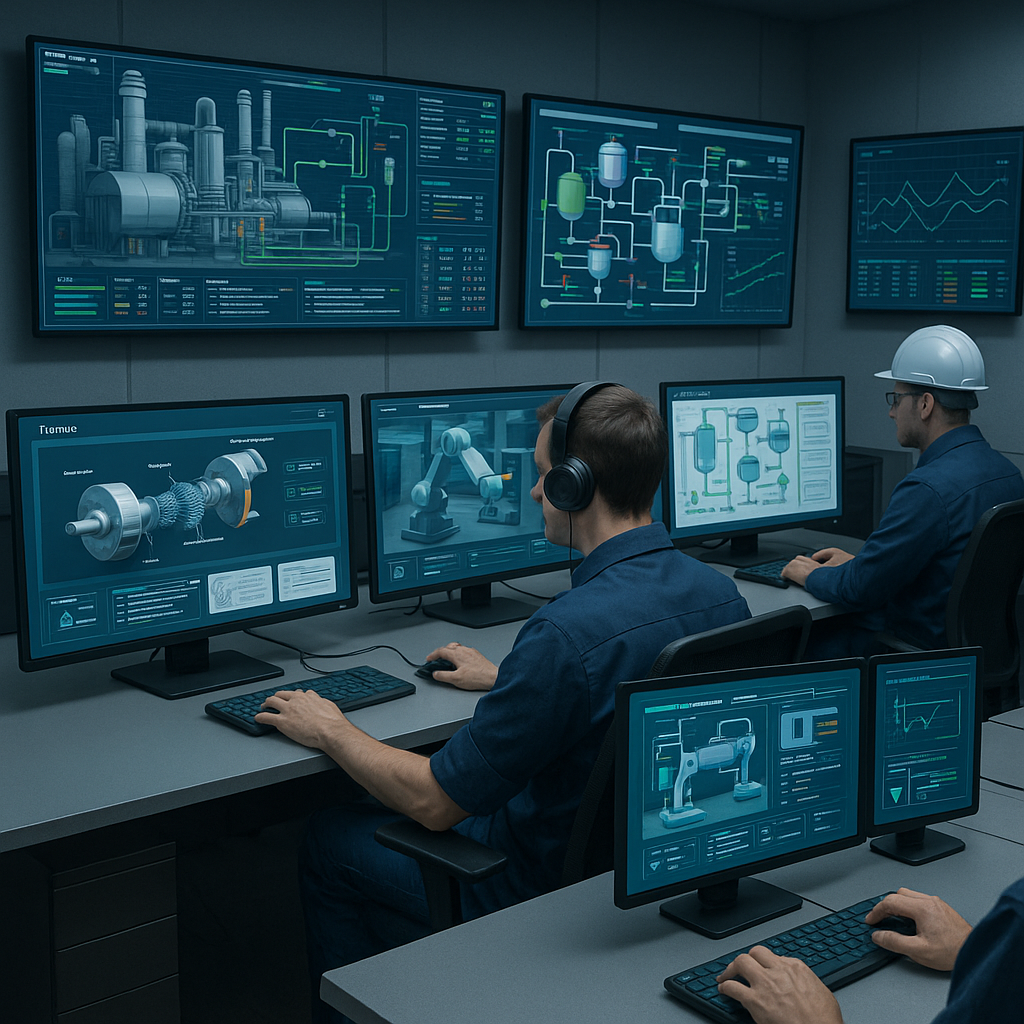 A 3D animated industrial facility control room wit